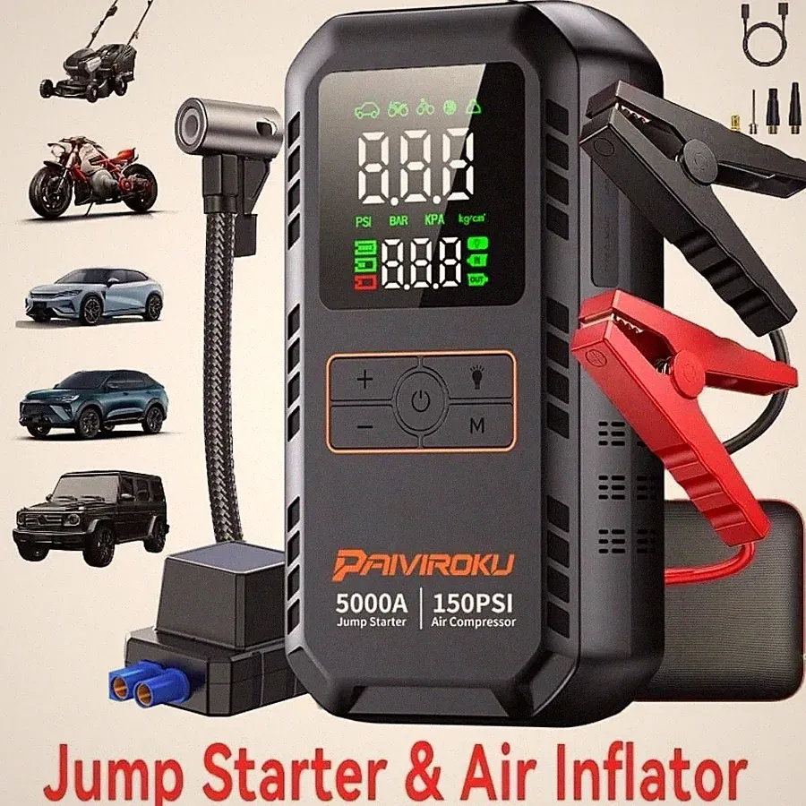 5-in-1 Jump Starter with Air Compressor 5000A Peak Portable Tire Inflator 7L Gas