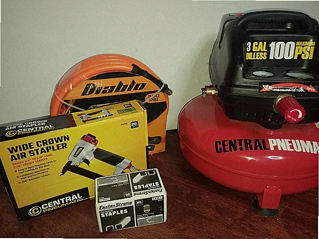 Central Pneumatic Bundle Pancake Air Compressor and Wide Crown air stapler