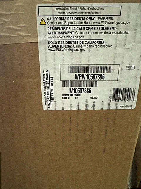 New Genuine OEM Whirlpool Refrigerator Compressor Kit WPW10507886